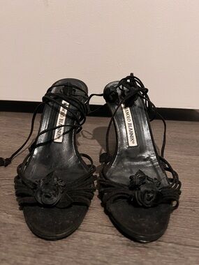 Manolo Blahnik Black Suede Floral Lace-Up Heels